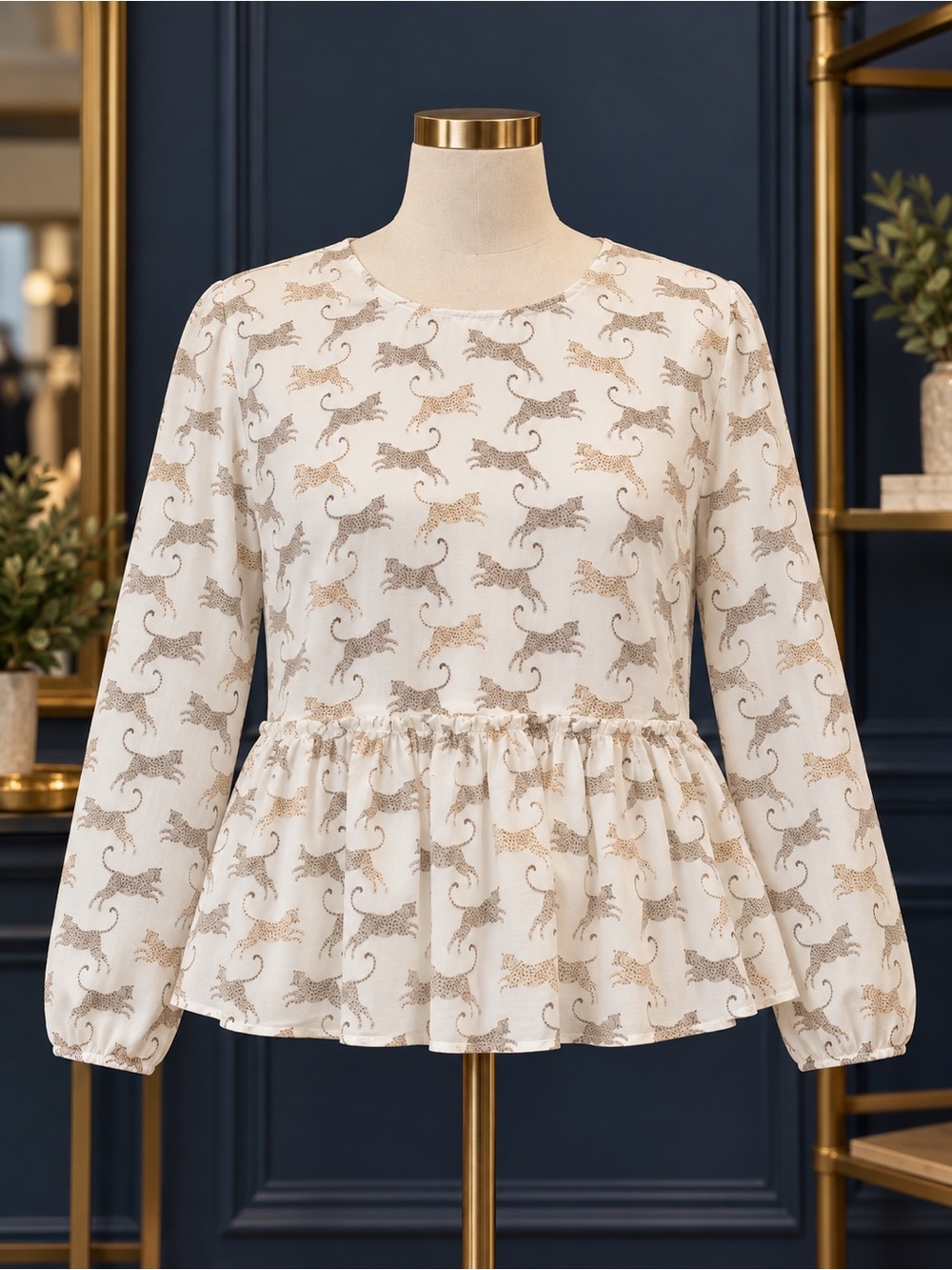 Peplum Leopard Print Blouse - Cream